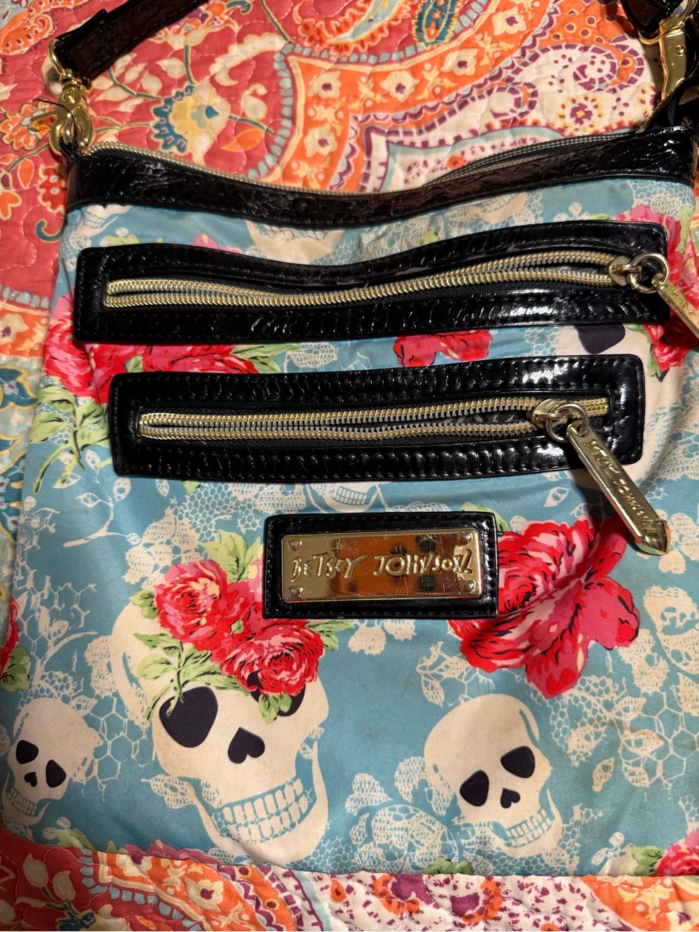 Betsey Johnson Blue Floral & Skull Shoulder Bag with Black Patent Trim